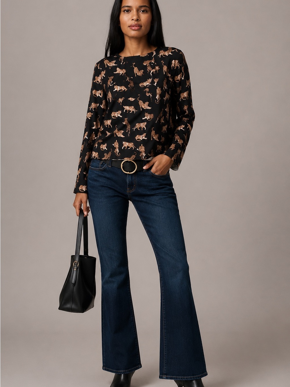 Maeve Anthropologie Cotton Tiger Print Long Sleeve Tee Black Graphic T-Shirt